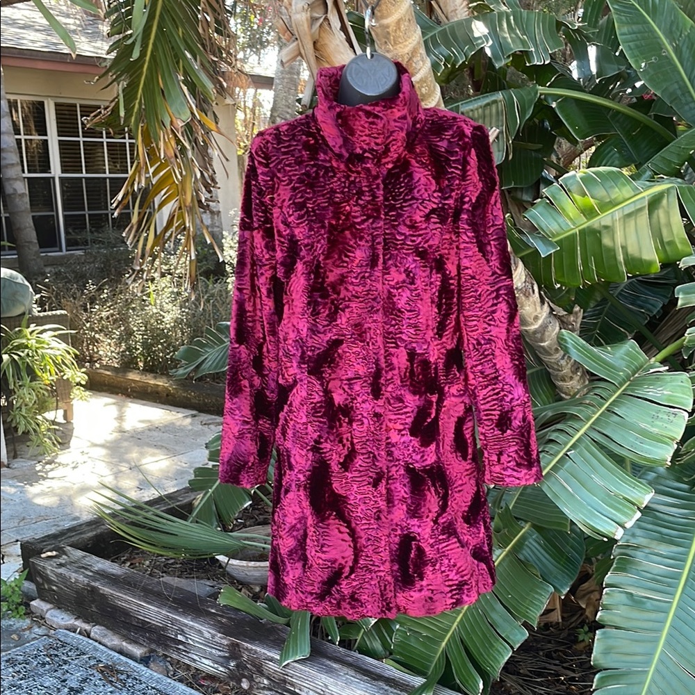 WHBM Lux faux, Persian lamb coat with funnel neck